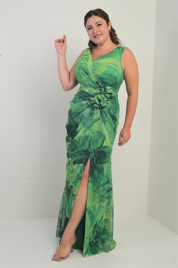 Women's Front and Back V-Neck Lined Draped Front 3D Floral Pattern Plus Size Tulle Long Dress