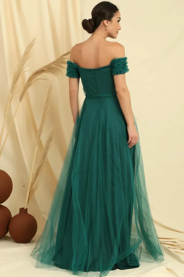 Yakası Ve Kolları Fırfırlı Kuşaklı Astarlı Uzun Tül Elbise