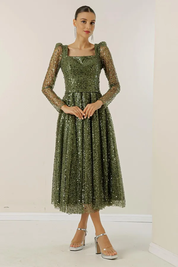 Square Neck Long Sleeve Lined Sequin Beaded Dress