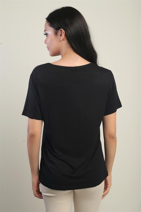 Women's V-Neck Blouse with Stone Embellishments on Shoulders and Pockets, Made of Lycra