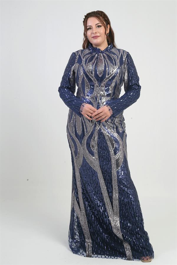 Kadın Dik Yaka Pul İşlemeli Astarlı Büyük Beden Uzun Elbise