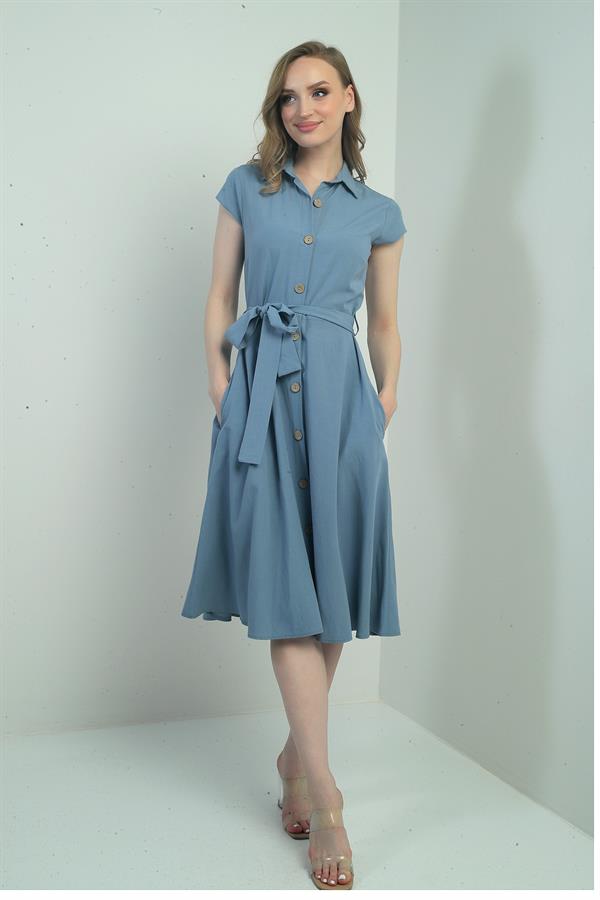 Women's Button-Front Belted Shirt Collar Short-Sleeve Dress