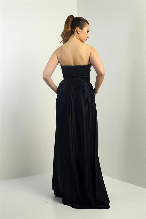 Women's Strapless Lined, Front Underwired, Piped, Pocketed, Flared Long Satin Evening Dress