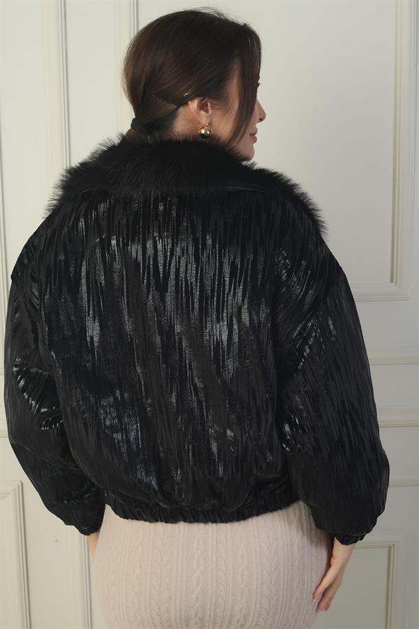 Manteau pour femme à col en fourrure, fermeture éclair sur le devant et doublure à motif zigzag