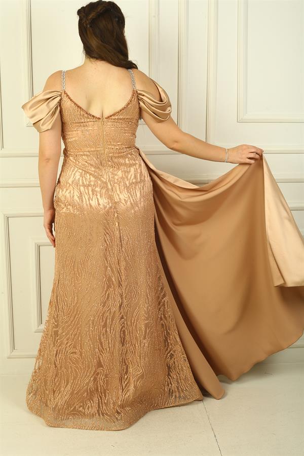 Zincir Askılı Ön Arka V Yaka Düşük Kollu Simli Flok Baskılı Astarlı Uzun Balık Elbise