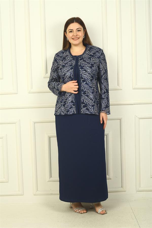 Robe longue à col perlé, ensemble deux pièces grande taille avec veste brodée de perles et de sequins, doublée.