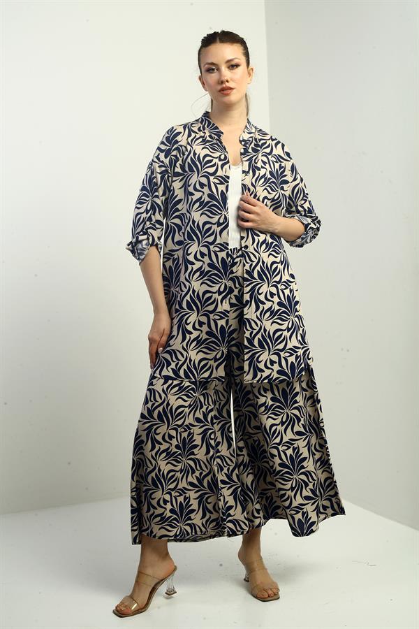 Kadın Yanları Yırtmaçlı Tunik Gömlek Beli lastikli Cepli Palazzo Pantolon Çiçek Desen Oversize 2'li Takım