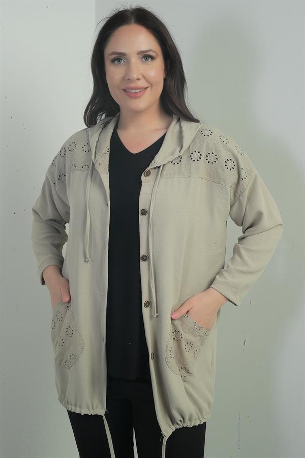 Cardigan festonné à capuche et poches boutonnées pour femme, grande taille