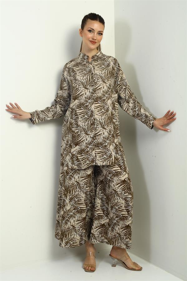 Women's Side Slit Tunic Shirt, Elastic Waist Pocketed Palazzo Pants, Leaf Pattern Oversize 2-Piece Set