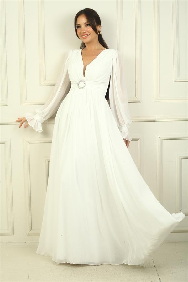 Kadın V Yaka Beli Tokalı Astarlı Şifon Uzun Abiye Elbise