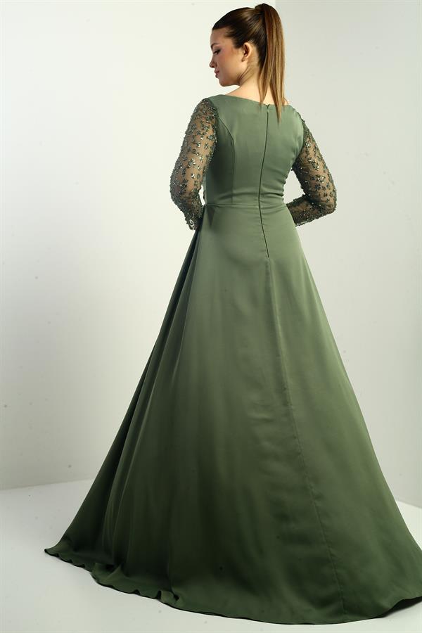 Women's Square Neck, Lined, Beaded Sleeve, Wide-Sized Crepe Satin Long Evening Dress