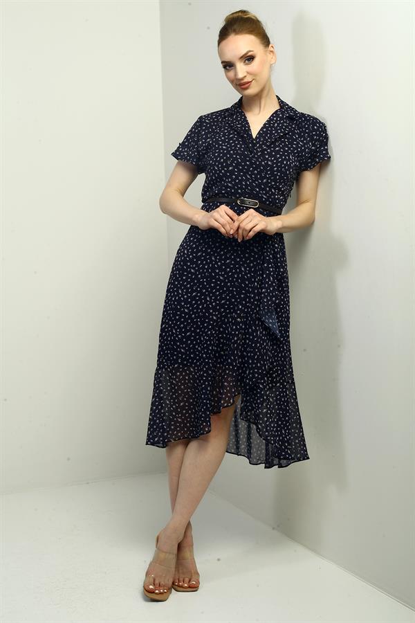 Women's Wrap Neckline Lined Chiffon Dress with Crisp Pattern and Ruffled Front