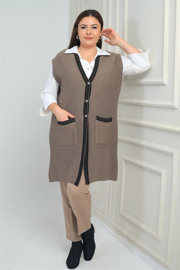 Gilet long en maille pailletée grande taille à rayures et poches pour femme