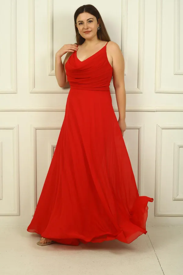 Robe longue en mousseline de soie grande taille pour femme, drapée sur le devant, avec bretelles en corde et doublure