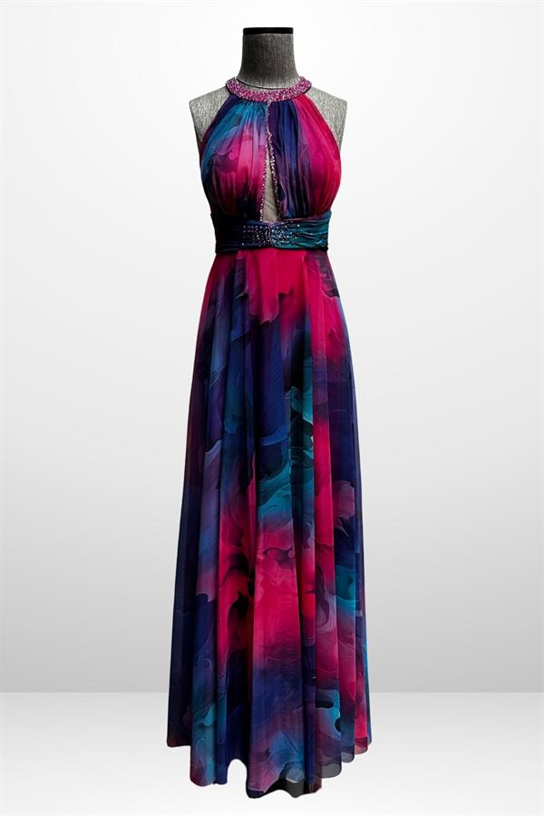 Robe longue en mousseline pour femme, drapée sur le devant, doublée, ornée de perles et de broderies florales.