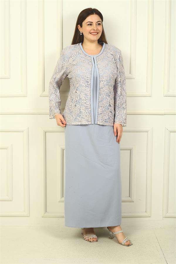 Robe longue à col perlé, ensemble deux pièces grande taille avec veste brodée de perles et de sequins, doublée.