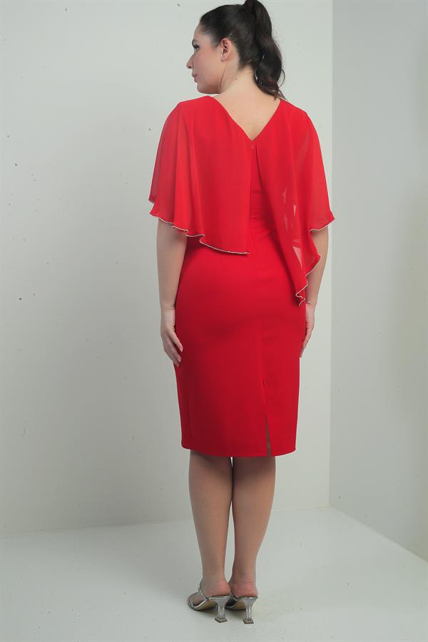 Kadın Ön Arka V Yaka Üstü Şifon Taş Detaylı Güllü Büyük Beden Krep Kısa Elbise