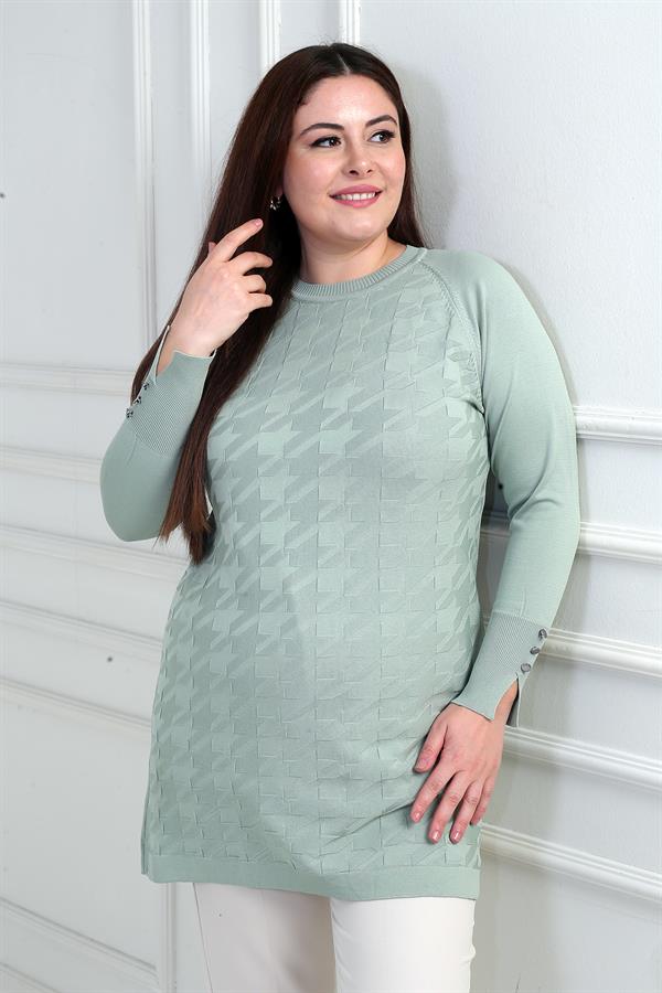 Kadın Büyük Kazayağı Desen Kolları Düğme Detaylı Büyük Beden Tunik Bluz