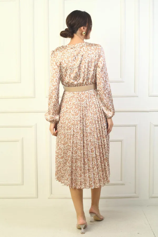 Kadın Kruvaze Yaka Beli Kemerli Astarlı Eteği Pileiseli Mini Çiçekli Saten Elbise