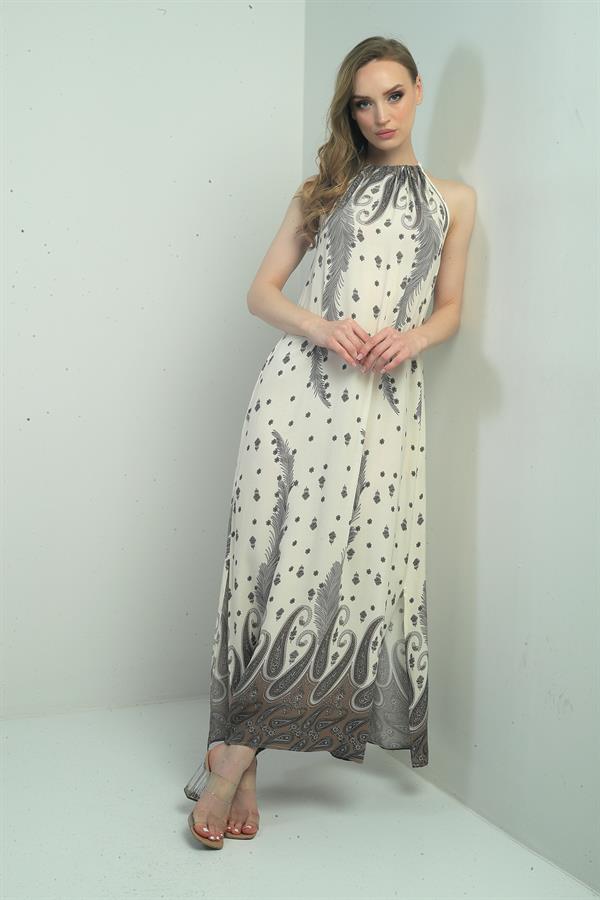 Women's Halter Neck Tie-Up Floral Print Long Dress with Pockets