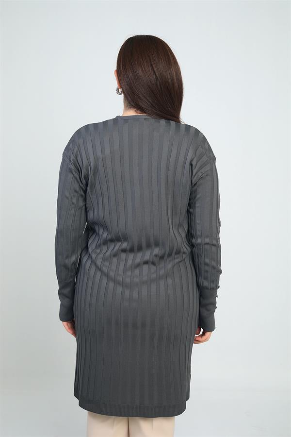 Kadın Kol Düğme Detaylı Kalın Fitilli Likralı Büyük Beden Uzun Hırka