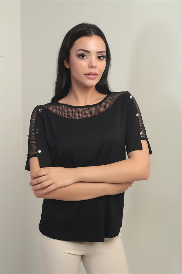 Women's Blouse with Mesh Shoulder and Button Detail, Made of Lycra