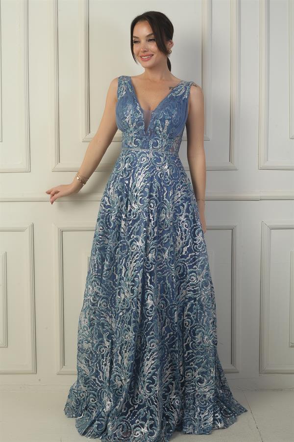 Kadın Ön Arka V Yaka Göğüs Pliseli Arkadan Bağcıklı Astarlı Sim Flok Baskı Uzun Abiye Elbise