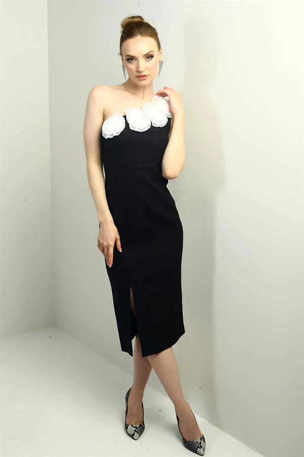 Women's One-Shoulder Crepe Midi Dress with Floral Detail and Front Slit