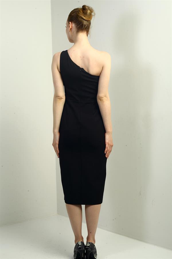 Women's One-Shoulder Crepe Midi Dress with Floral Detail and Front Slit