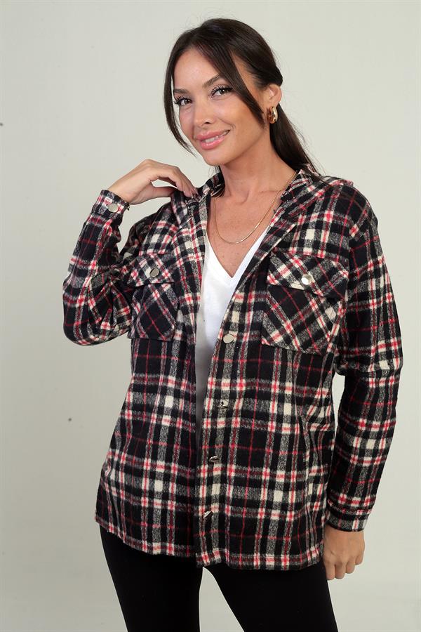 Chemise à capuche pour femme, motif à carreaux, poches à boutons métalliques