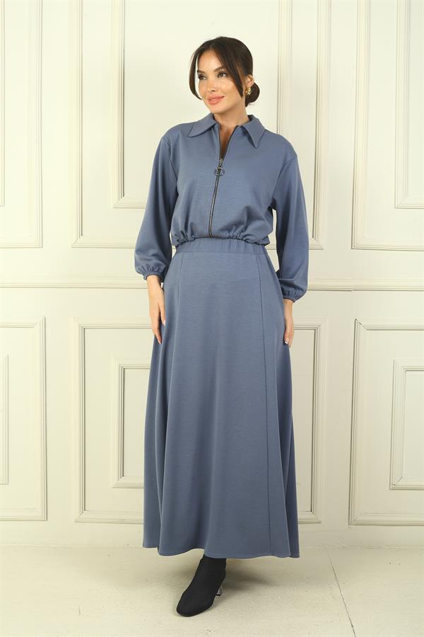 Women's Front Zip Jacket and Elastic Waist Long Skirt Osyho 2-Piece Set