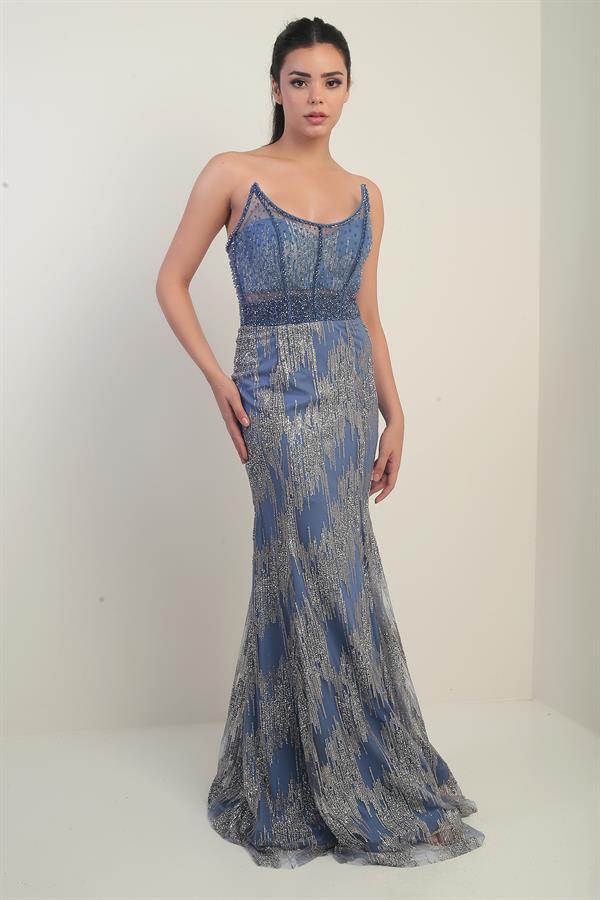 Women's Beaded and Stone Detailed Lined Underwired Long Dress with Transparent Top