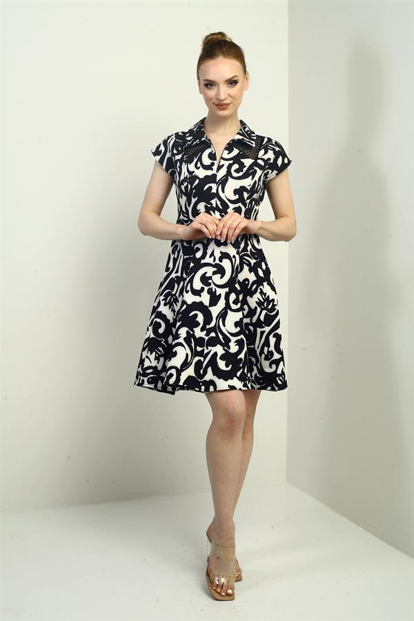 Kadın Önü Yarım Fermuar Ve Dantel Detaylı Kendinden Telalı Etnik Desen Kısa Kloş Elbise