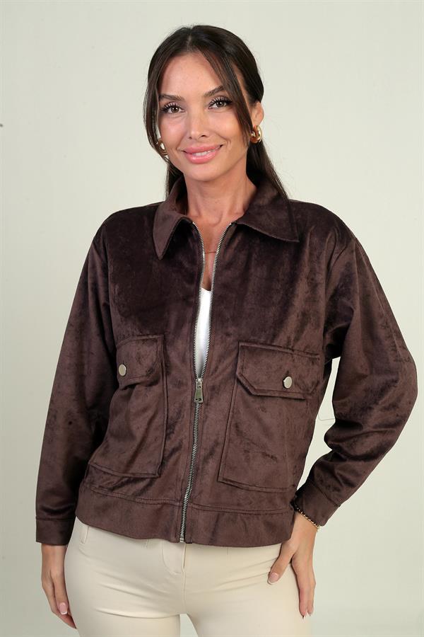 Manteau en daim pour femme avec poche et fermeture éclair sur le devant