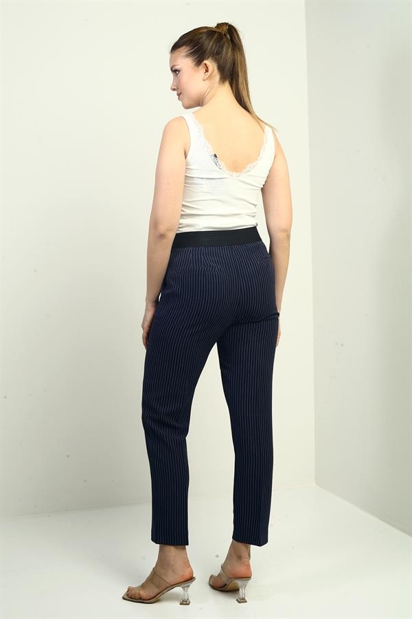 Pantalon slim à rayures verticales et taille élastique pour femme, avec poches