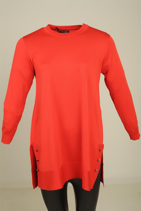 Kadın Yanları Düğme Detaylı Yırtmaçlı Büyük Beden Tunik Kazak