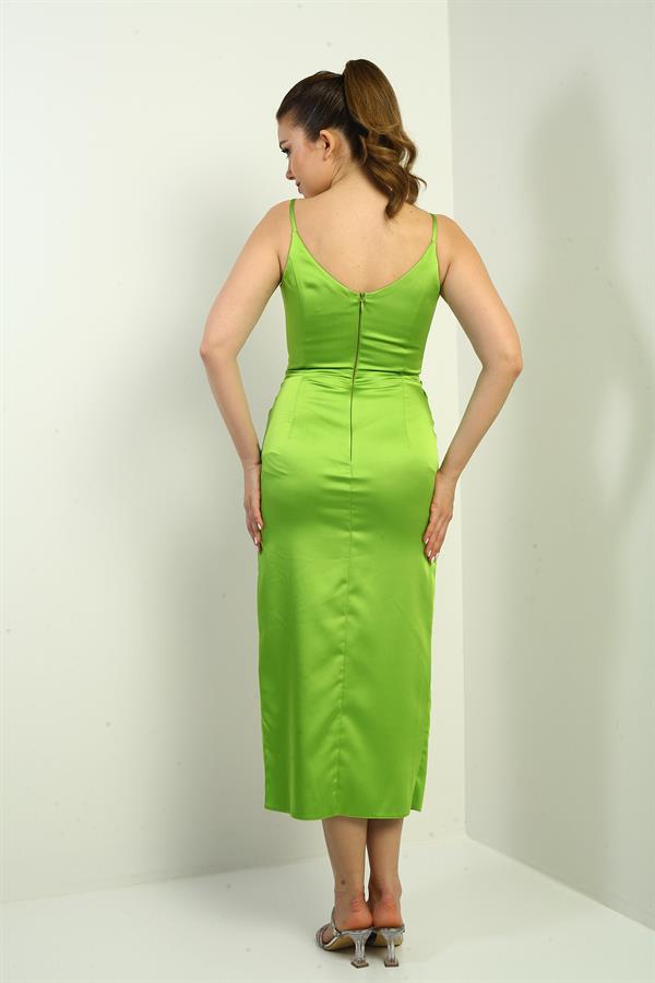 Kadın İp Askılı Kruvaze Yaka Astarlı Drapeli Saten Elbise