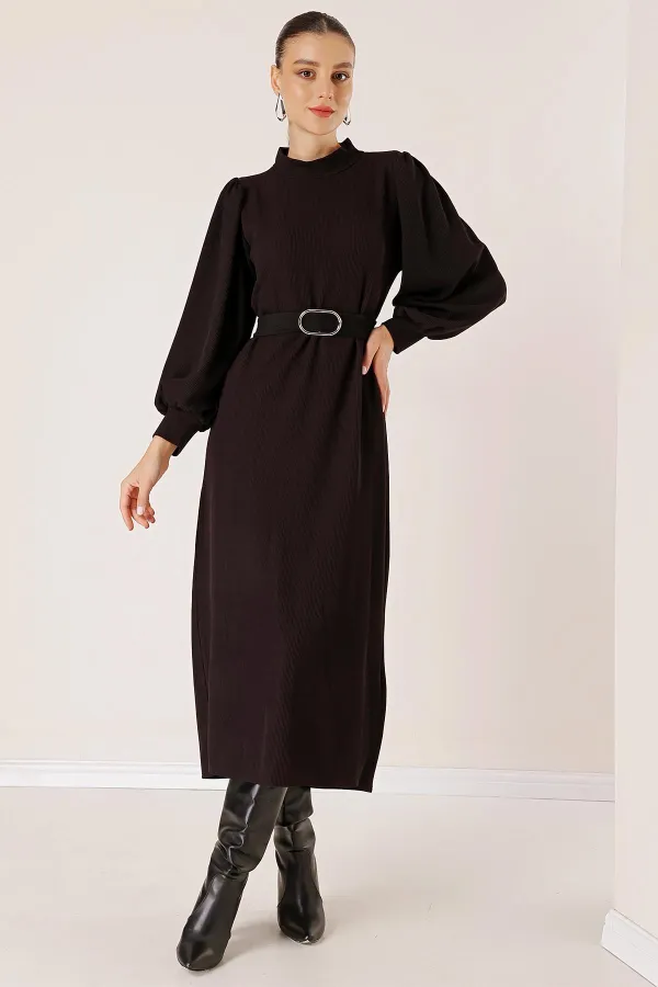 Beli Kemerli Omuz Büzgülü Elbise