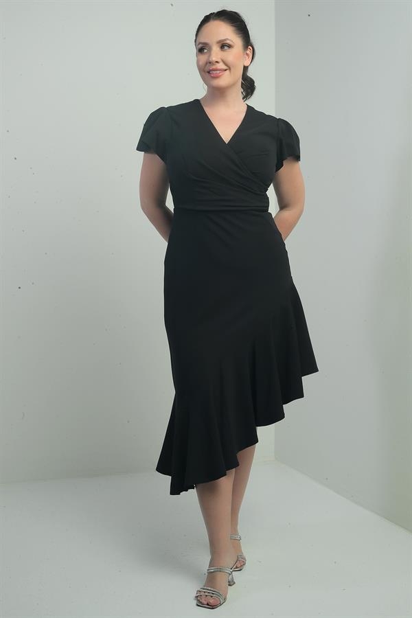 Robe en crêpe grande taille pour femme, à double boutonnage, drapée sur le devant, doublée, avec jupe à volants