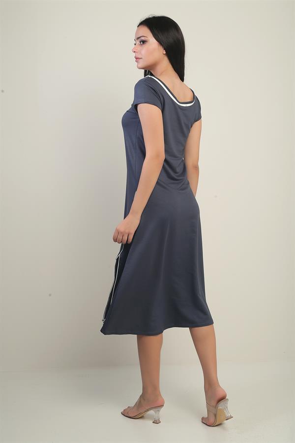 Women's Madonna Neckline Trimmed Slit Crystal Long Dress