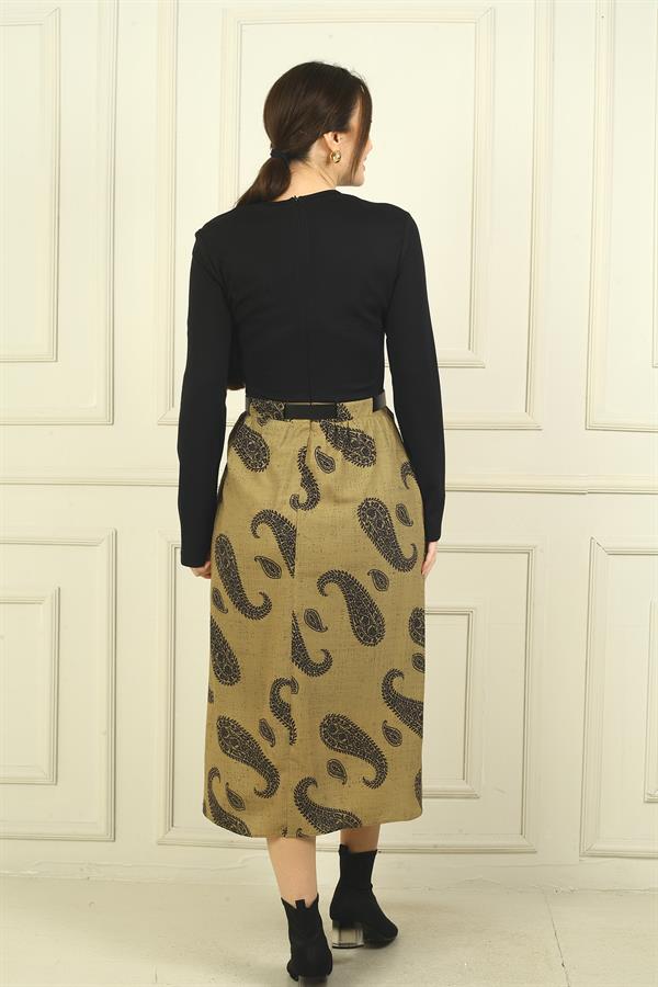 Kadın Beli Kemerli Eteği Şal Desenli Astarlı Elbise