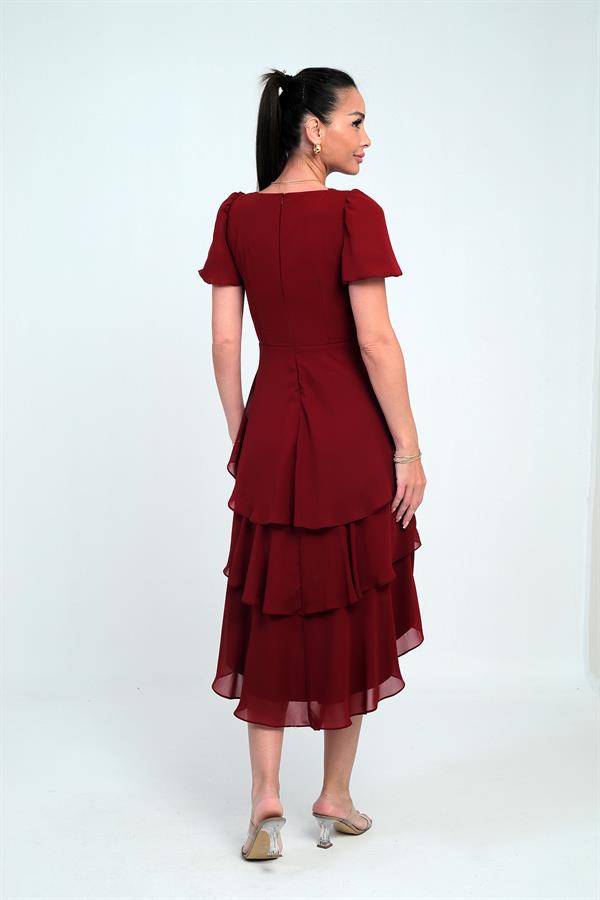 Kadın Kruvaze Yaka Arkası Fermuarlı Katkat Pileli Şifon Elbise