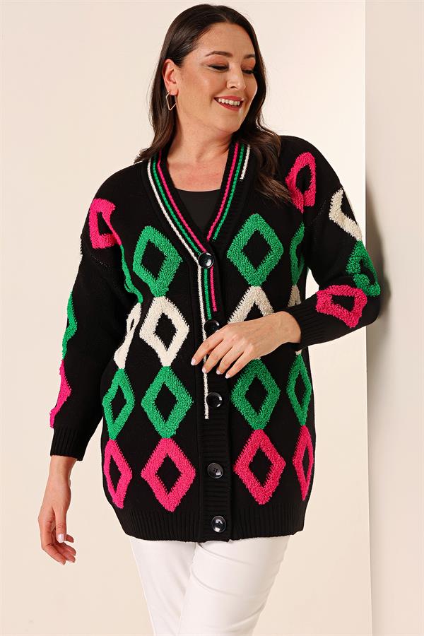 Oversize Havlu Baklava Desen Uzun Triko Hırka