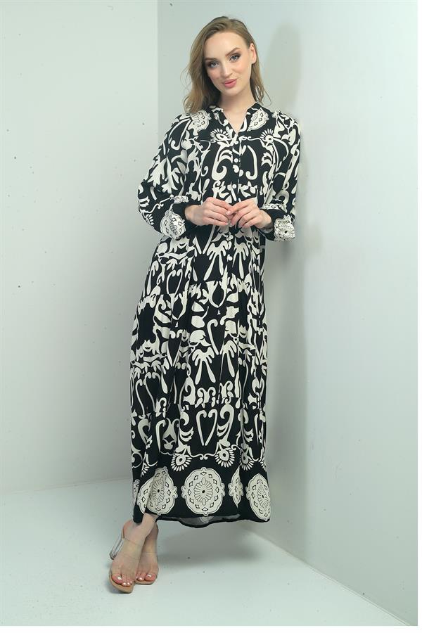 Robe longue hijab pour femme, col mandarin, boutons sur le devant, poignets élastiqués, motif châle