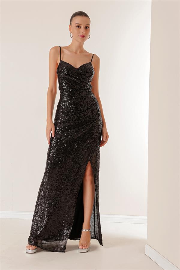 Robe longue à sequins doublée, à bretelles, drapée sur le devant et lacée au dos