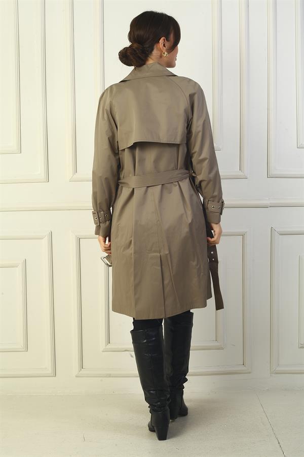 Women's Trench Coat with Belted Waist and Sleeves, Button-Front and Pockets