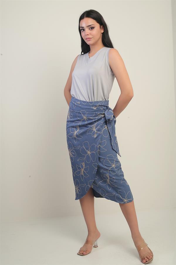 Kadın Yandan Bağlamalı Kordeneli Midi Etek