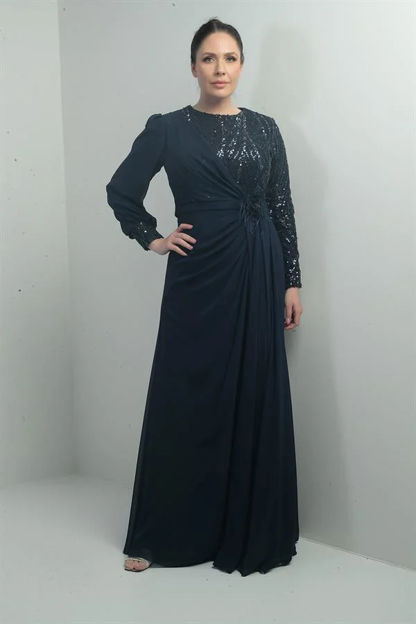 Women's Plus Size Long Chiffon Dress with Sequin and Bead Embellishment, Lined, and Floral Waistline