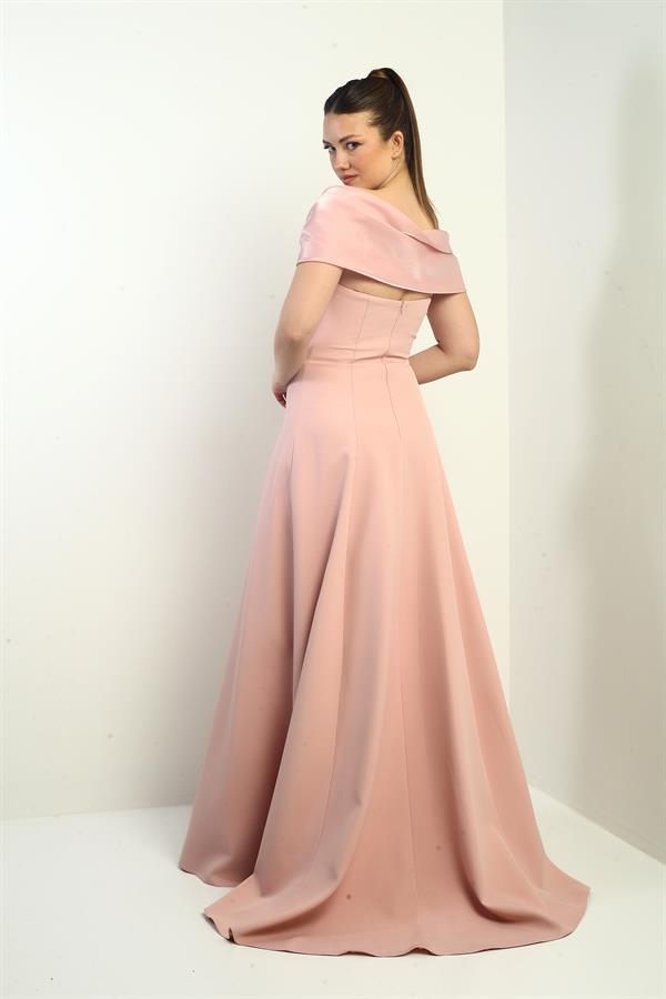 Straplez Kloş Telalı Astarlı Uzun Krep Abiye Elbise