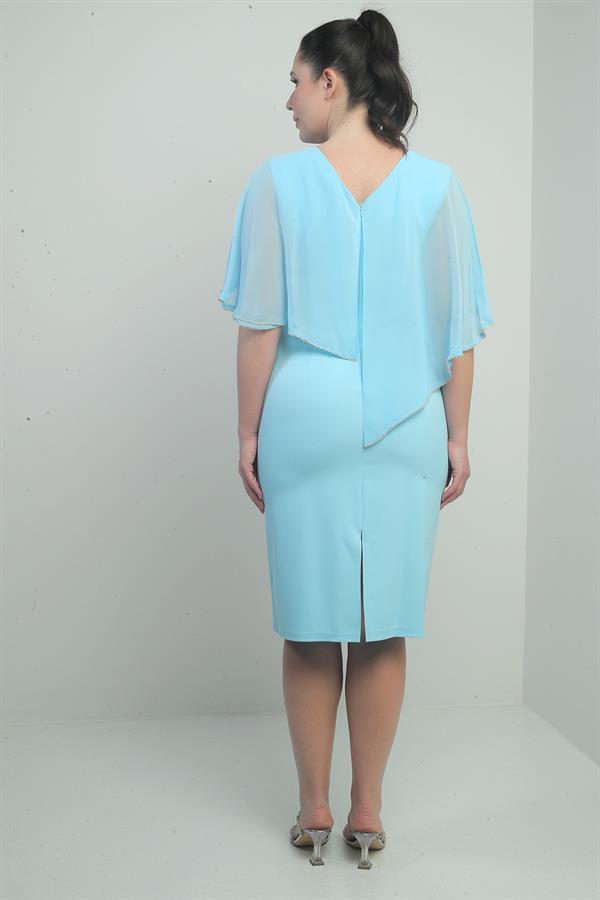 Kadın Ön Arka V Yaka Üstü Şifon Taş Detaylı Güllü Büyük Beden Krep Kısa Elbise